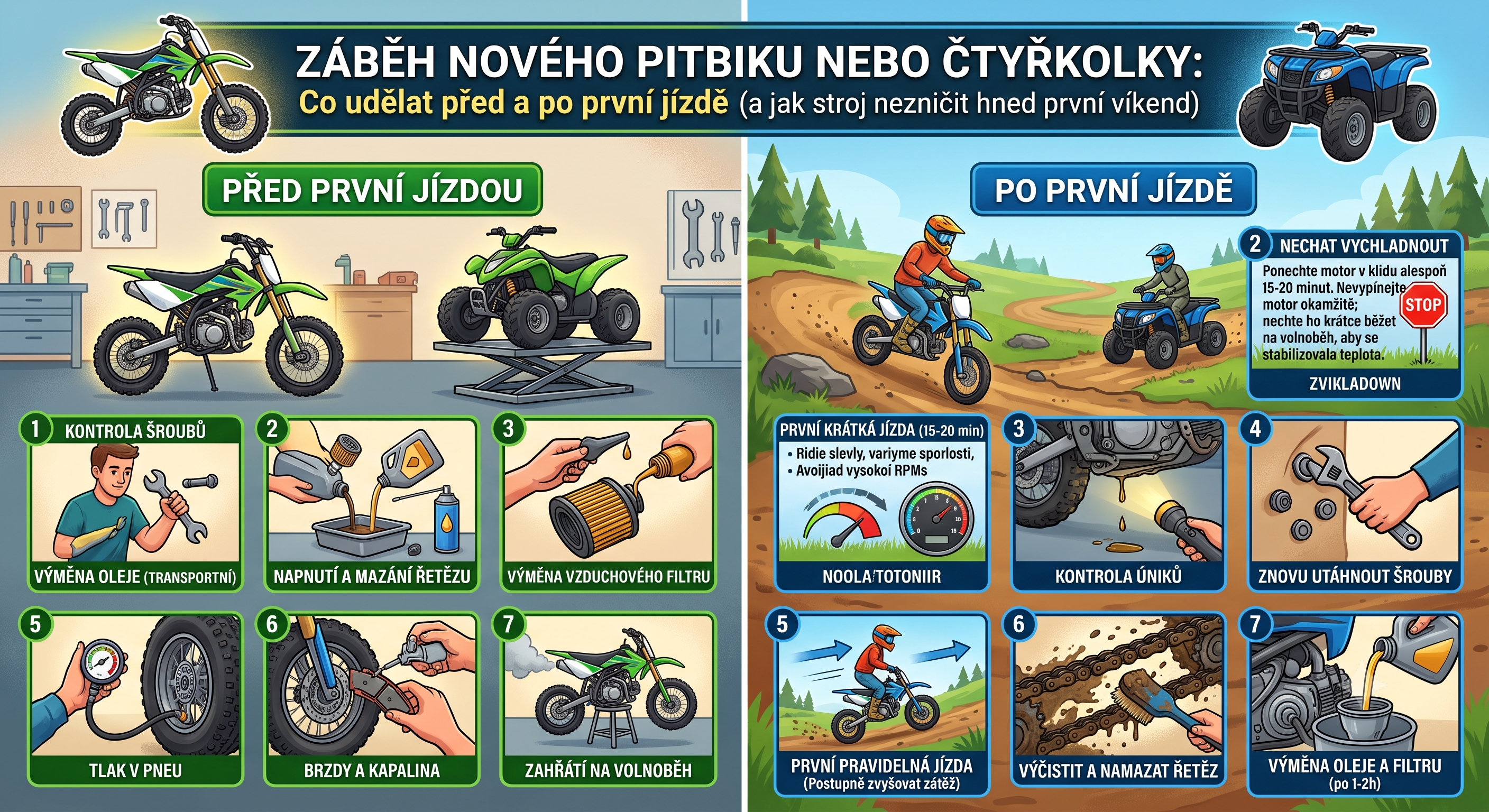 Záběh nového pitbiku nebo čtyřkolky: Co udělat před a po první jízdě (a jak stroj nezničit hned první víkend)