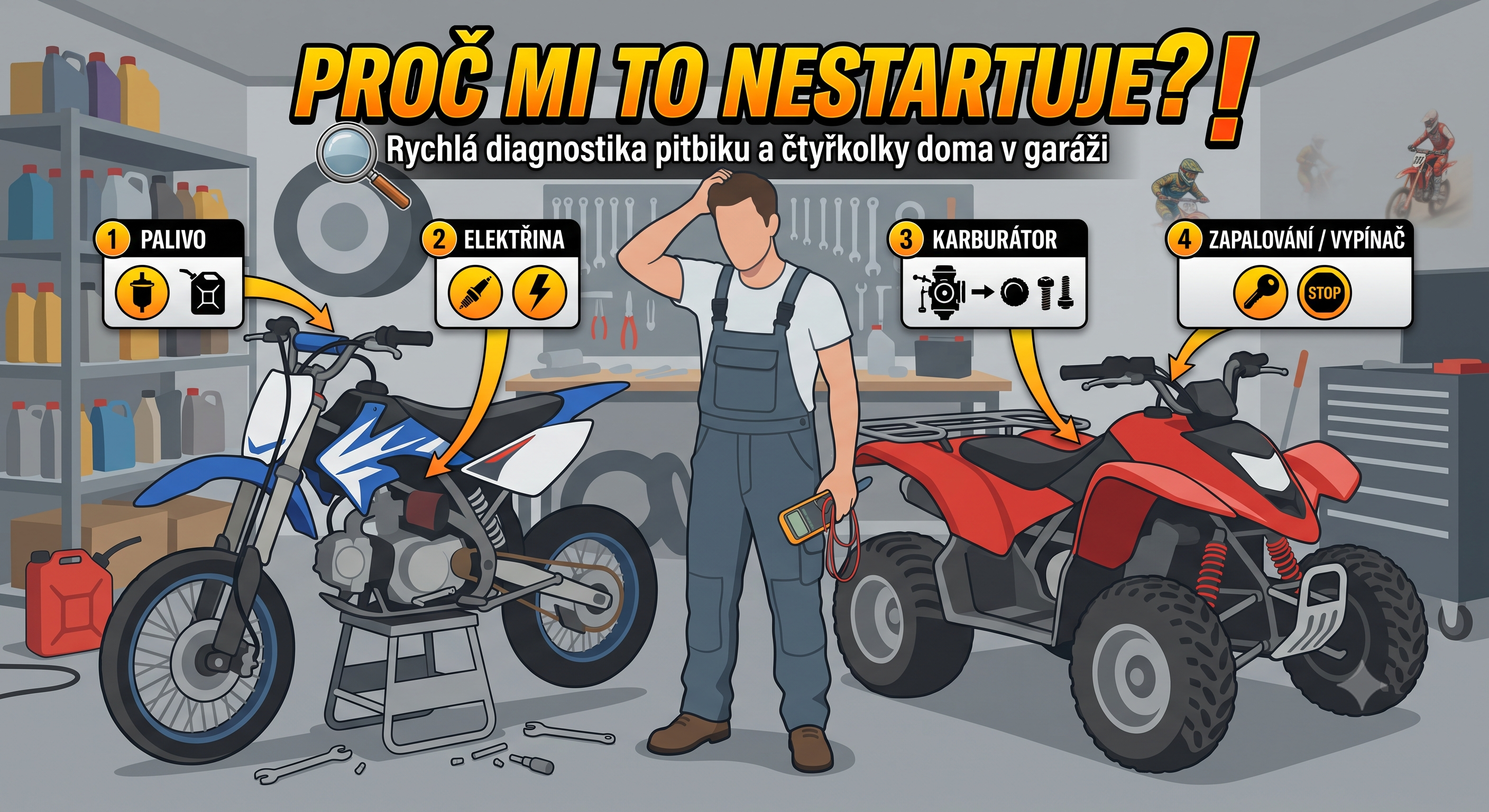 Proč mi to nestartuje? Rychlá diagnostika pitbiku a čtyřkolky doma v garáži